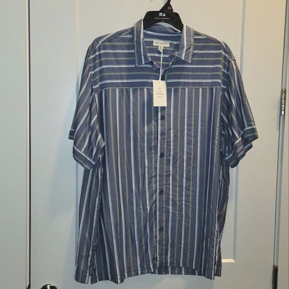Mens Free Assembly Lightweight Striped Button Up Blue Short Sleeve Shirt XXL NWT - Picture 4 of 9